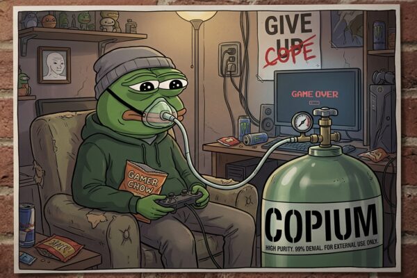 Copium meme showing Pepe the Frog inhaling from a copium tank