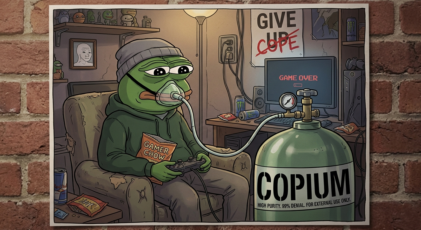 Copium meme showing Pepe the Frog inhaling from a copium tank