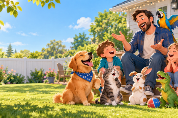 A family laughing at animal dad jokes with a dog, cat, parrot, rabbit, and toy dinosaur