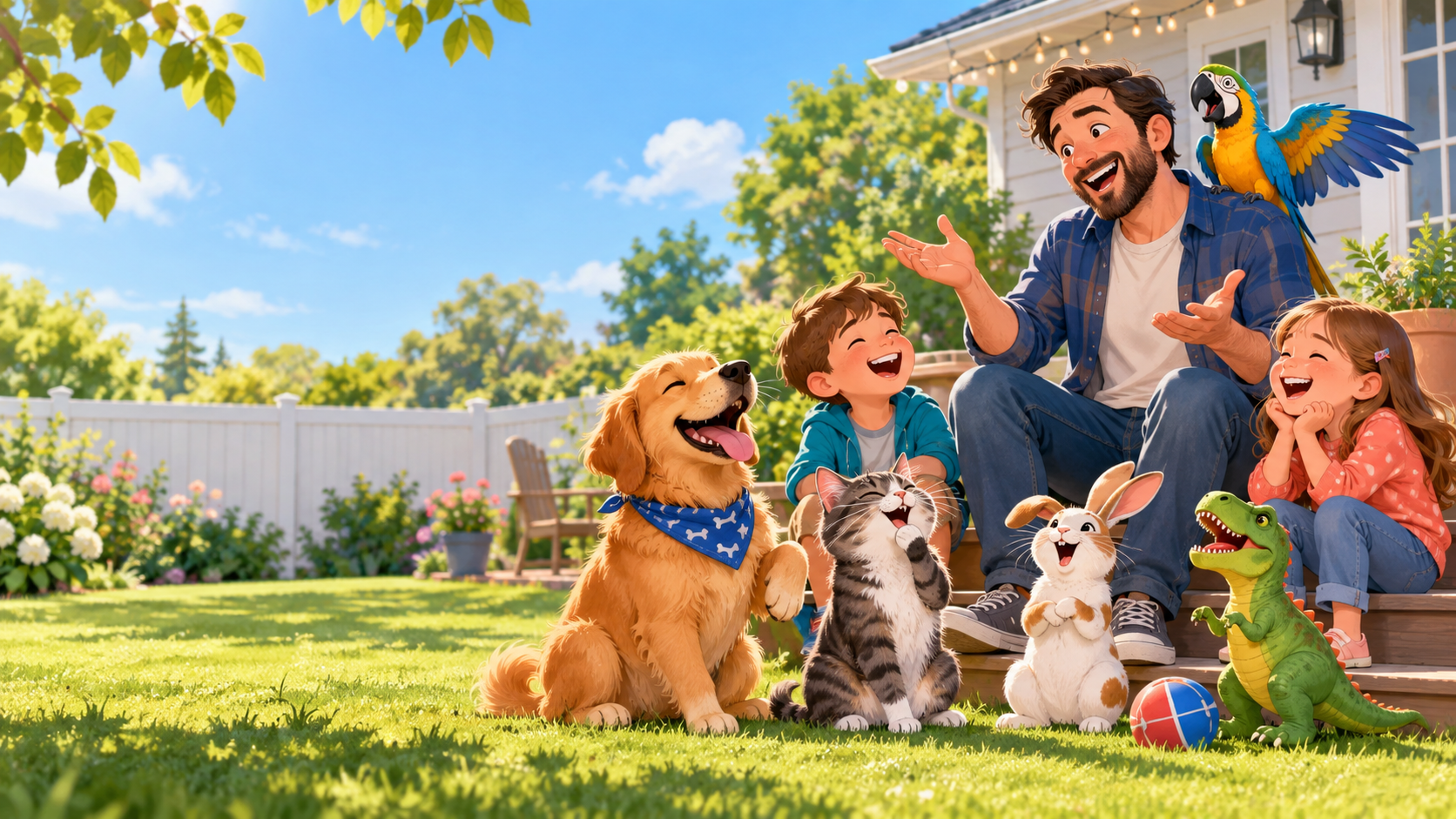 A family laughing at animal dad jokes with a dog, cat, parrot, rabbit, and toy dinosaur