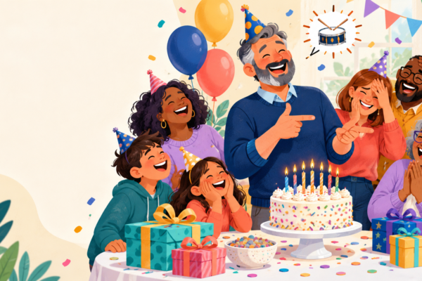 A dad telling a corny birthday joke beside a cake while family and friends laugh