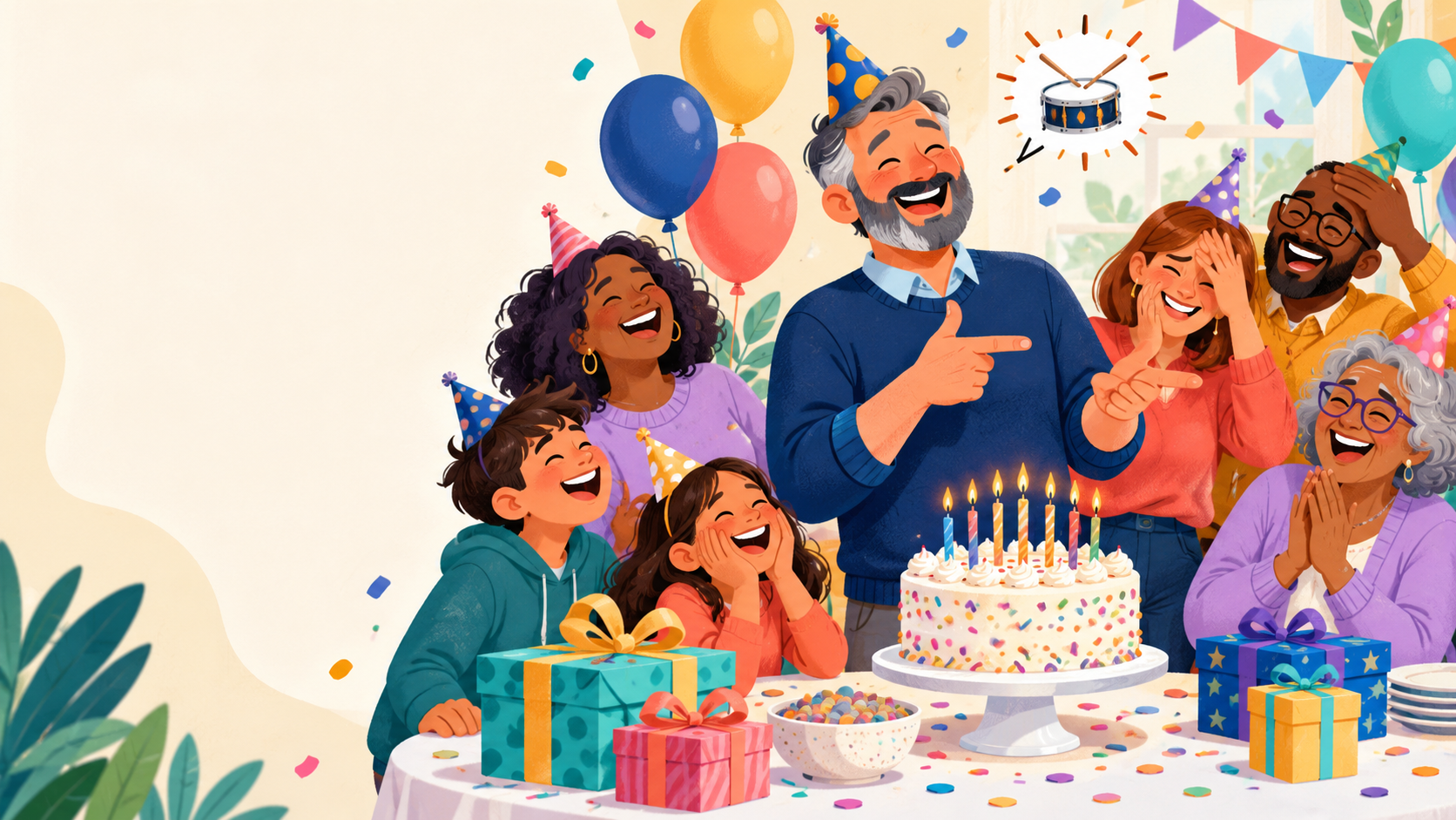 A dad telling a corny birthday joke beside a cake while family and friends laugh
