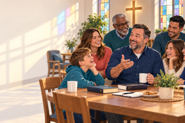 A multigenerational church group laughing at a gentle Christian dad joke after Bible study