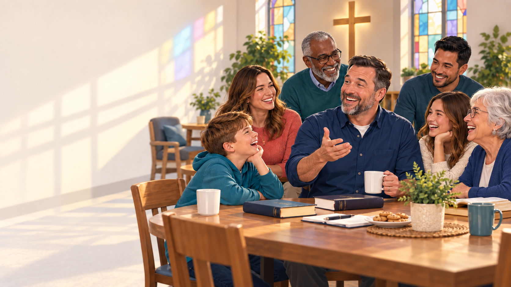 A multigenerational church group laughing at a gentle Christian dad joke after Bible study