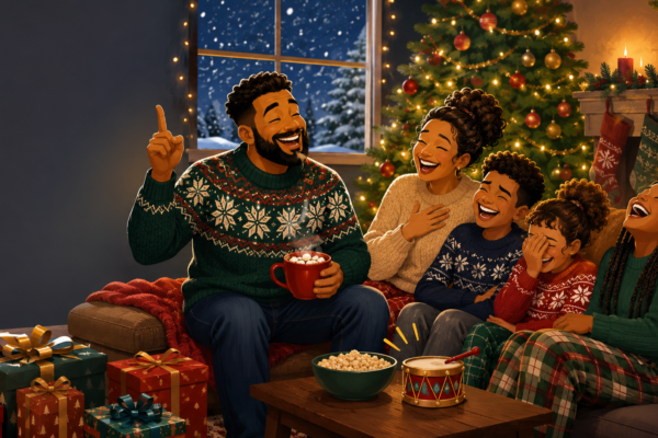 A dad telling a Christmas joke while his family laughs beside a decorated tree and wrapped gifts