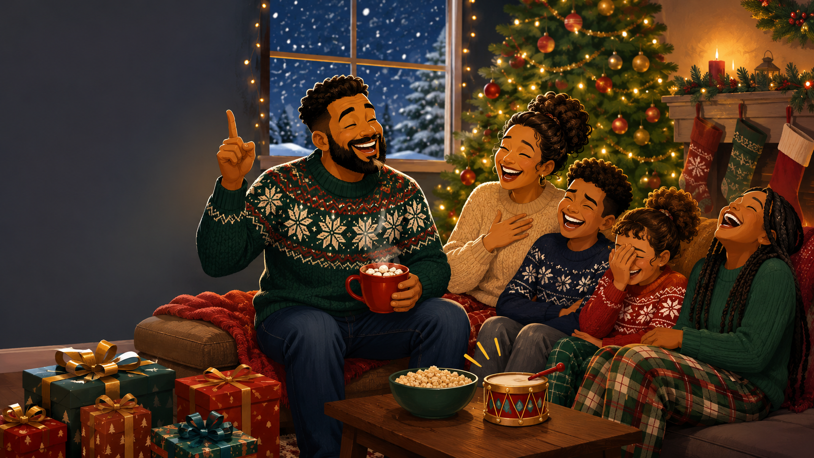 A dad telling a Christmas joke while his family laughs beside a decorated tree and wrapped gifts