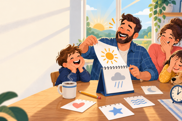 A dad revealing a new daily joke from a desk calendar while his family laughs in the morning