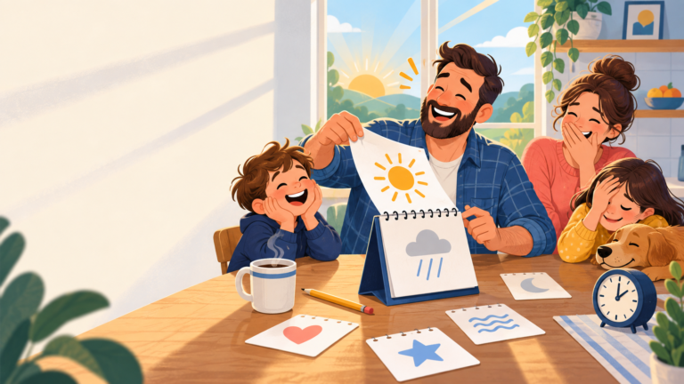 A dad revealing a new daily joke from a desk calendar while his family laughs in the morning