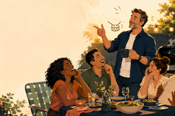 A dad telling a corny joke to adult friends laughing at a relaxed backyard dinner
