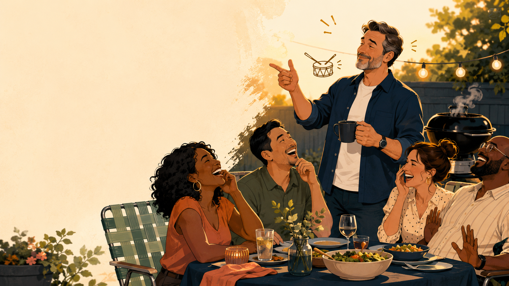 A dad telling a corny joke to adult friends laughing at a relaxed backyard dinner