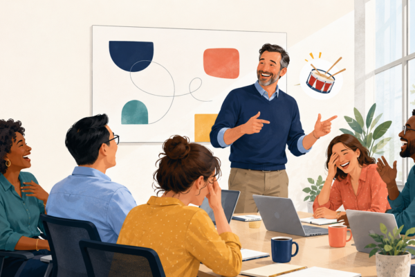A coworker telling a clean dad joke during an office meeting while the team laughs and groans