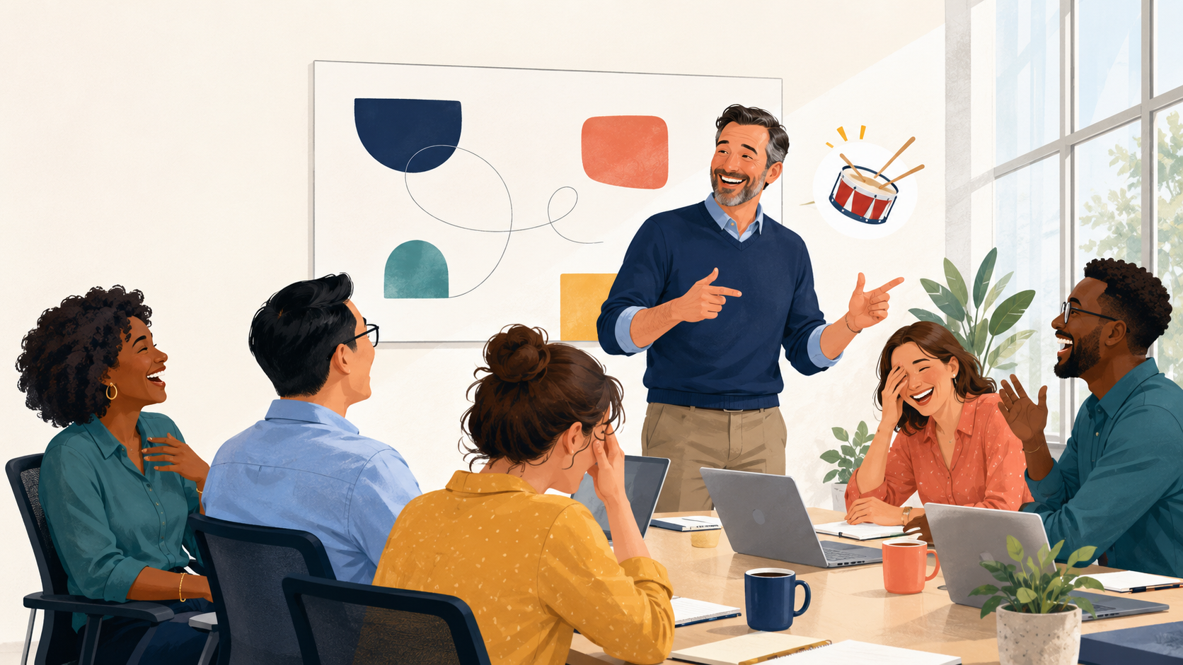 A coworker telling a clean dad joke during an office meeting while the team laughs and groans