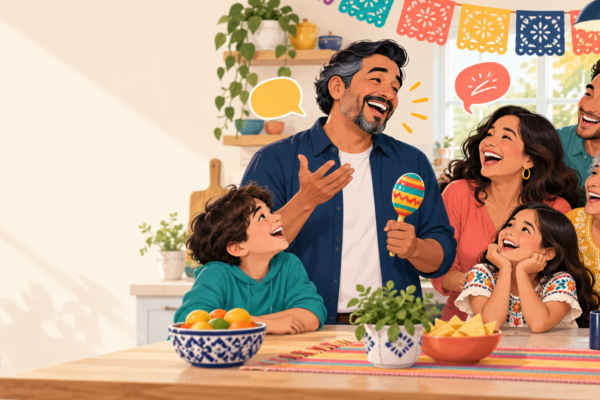 A bilingual family laughing together as a dad tells a joke in Spanish