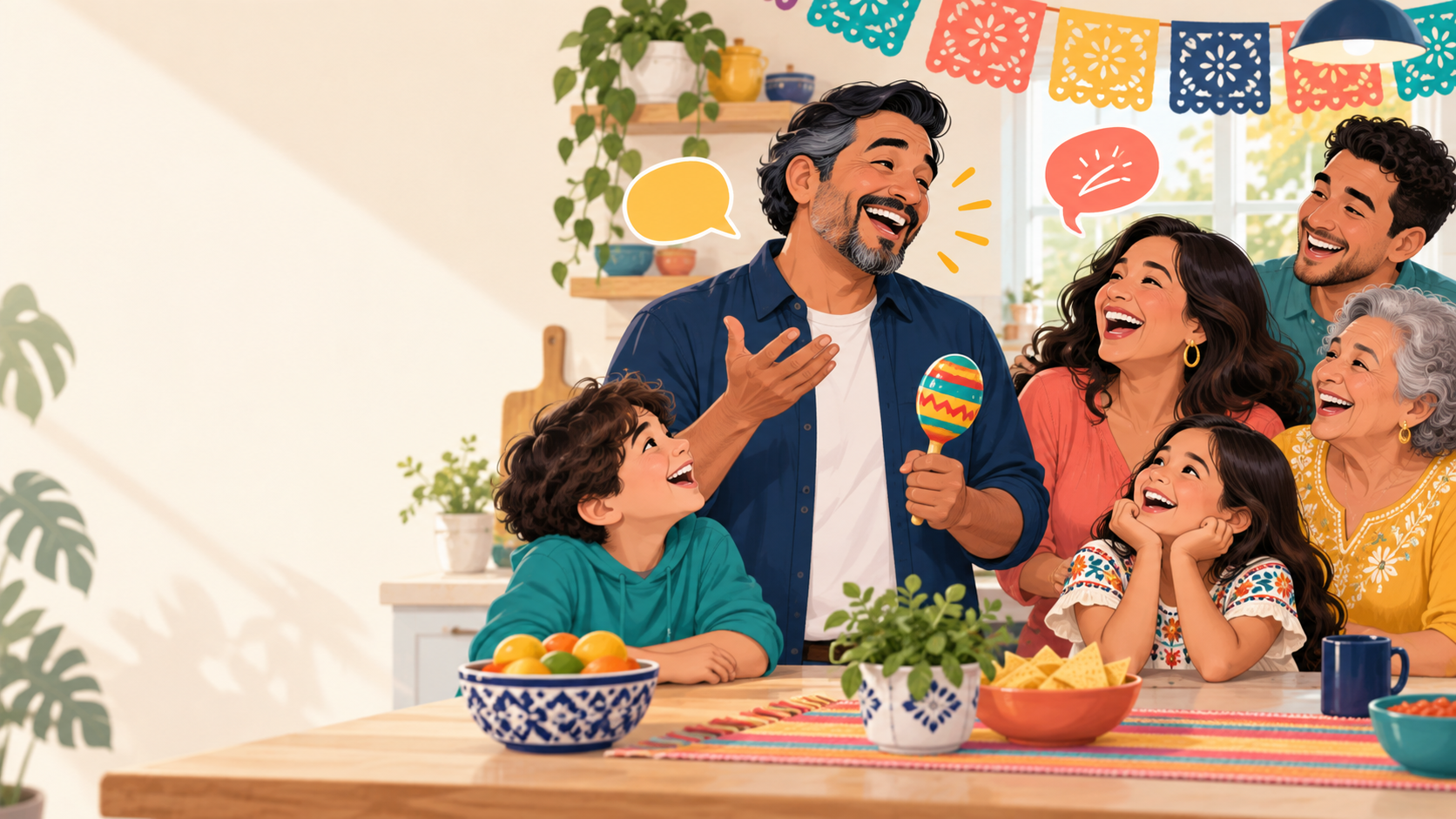 A bilingual family laughing together as a dad tells a joke in Spanish