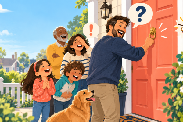A dad knocking on a colorful front door while his family laughs during a knock-knock joke game