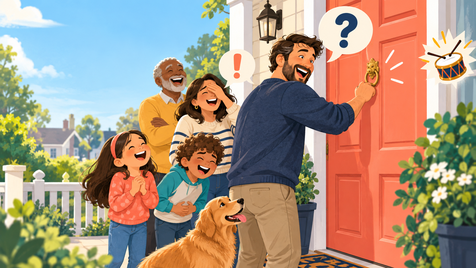 A dad knocking on a colorful front door while his family laughs during a knock-knock joke game