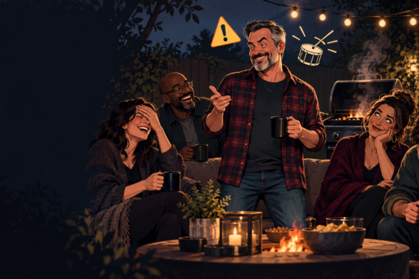 A dad telling a mildly edgy joke to adult friends at a late-evening backyard gathering
