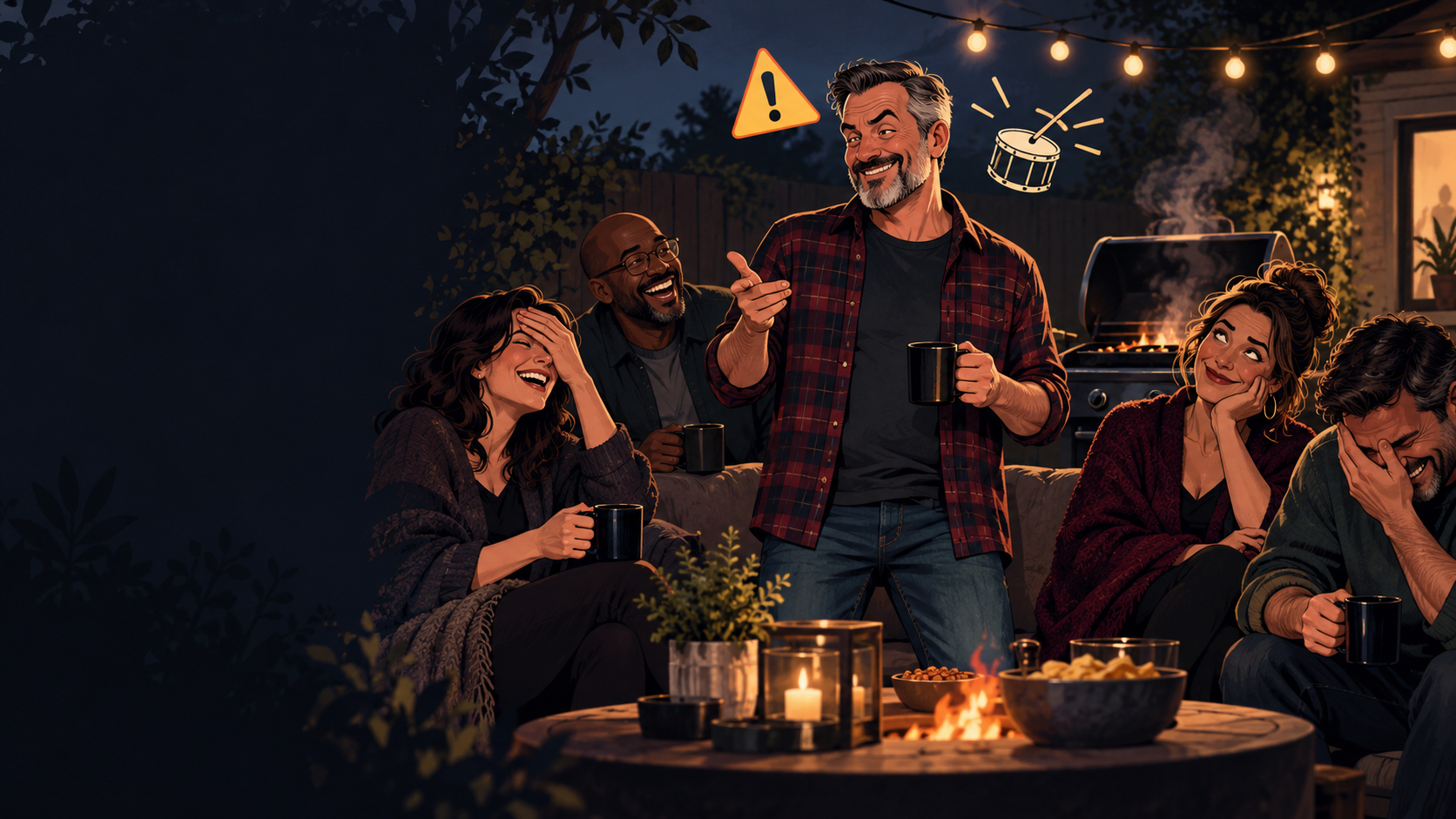 A dad telling a mildly edgy joke to adult friends at a late-evening backyard gathering