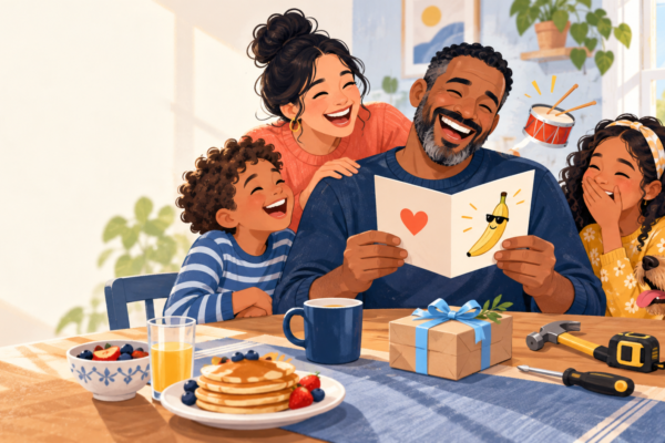 A father laughing at a handmade Father’s Day card while his family enjoys breakfast together