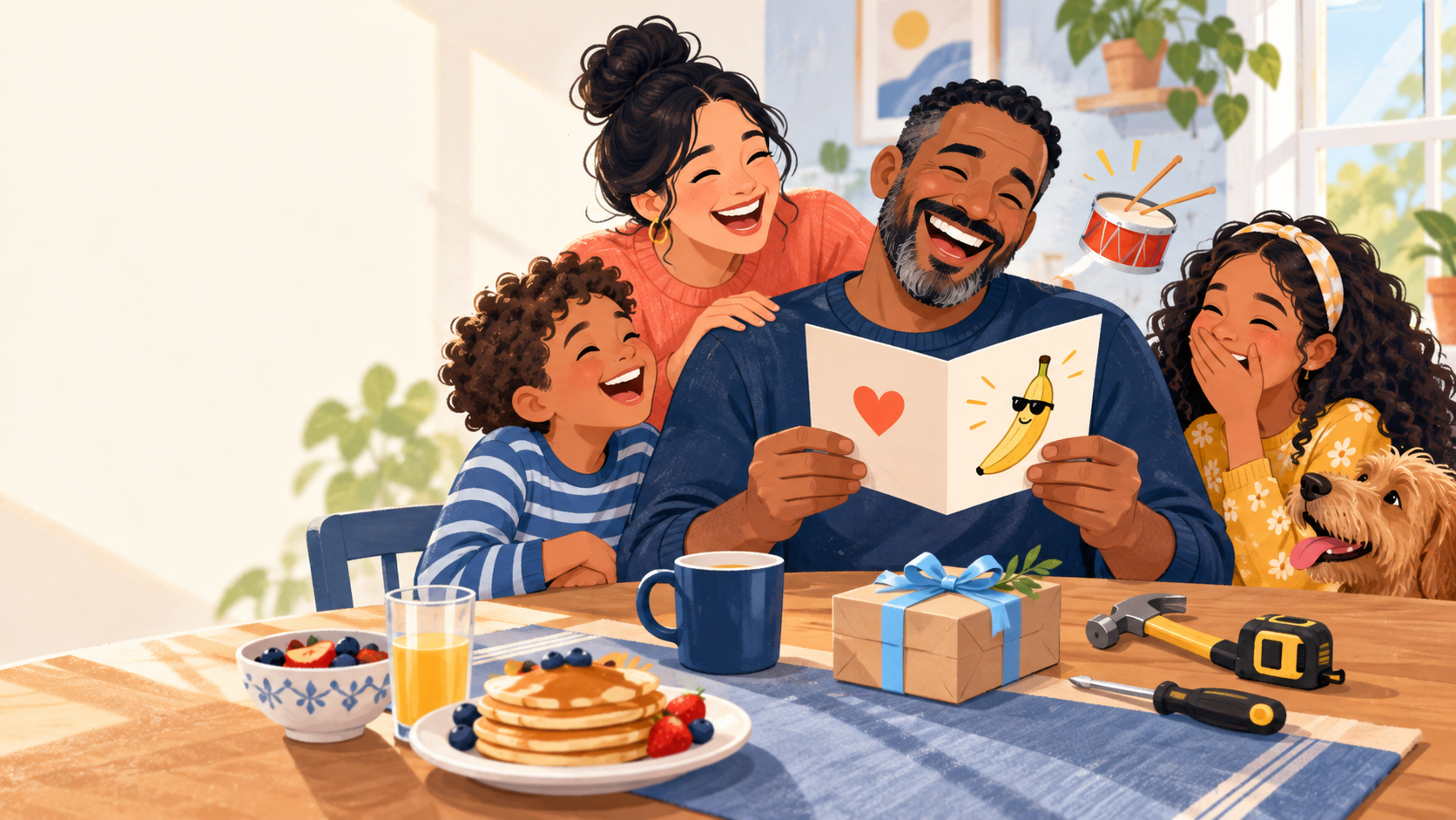 A father laughing at a handmade Father’s Day card while his family enjoys breakfast together