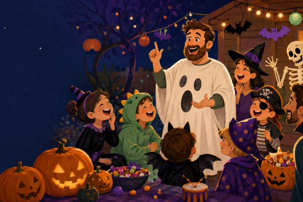 A dad in a homemade ghost costume telling a Halloween joke at a friendly family party