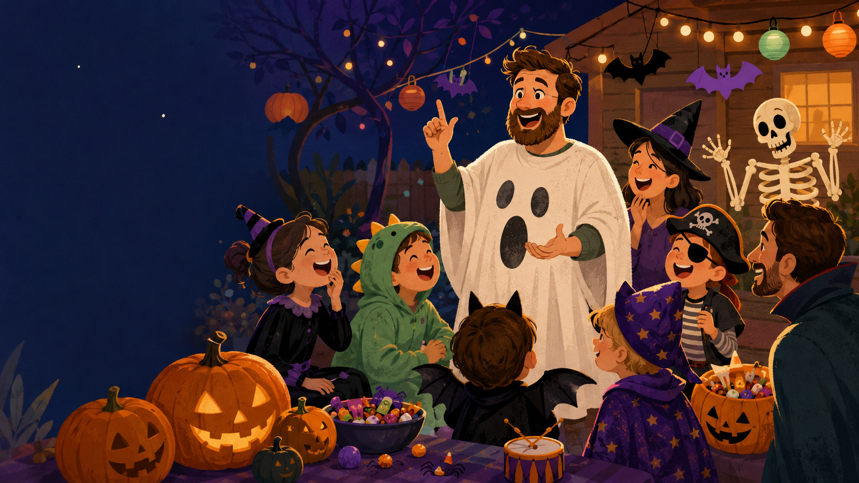 A dad in a homemade ghost costume telling a Halloween joke at a friendly family party