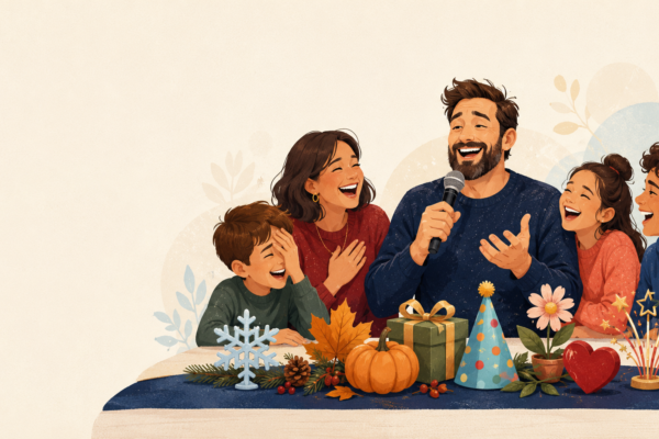 A dad sharing a holiday joke with his family beside decorations from celebrations throughout the year