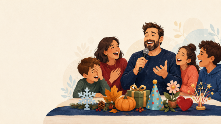 A dad sharing a holiday joke with his family beside decorations from celebrations throughout the year