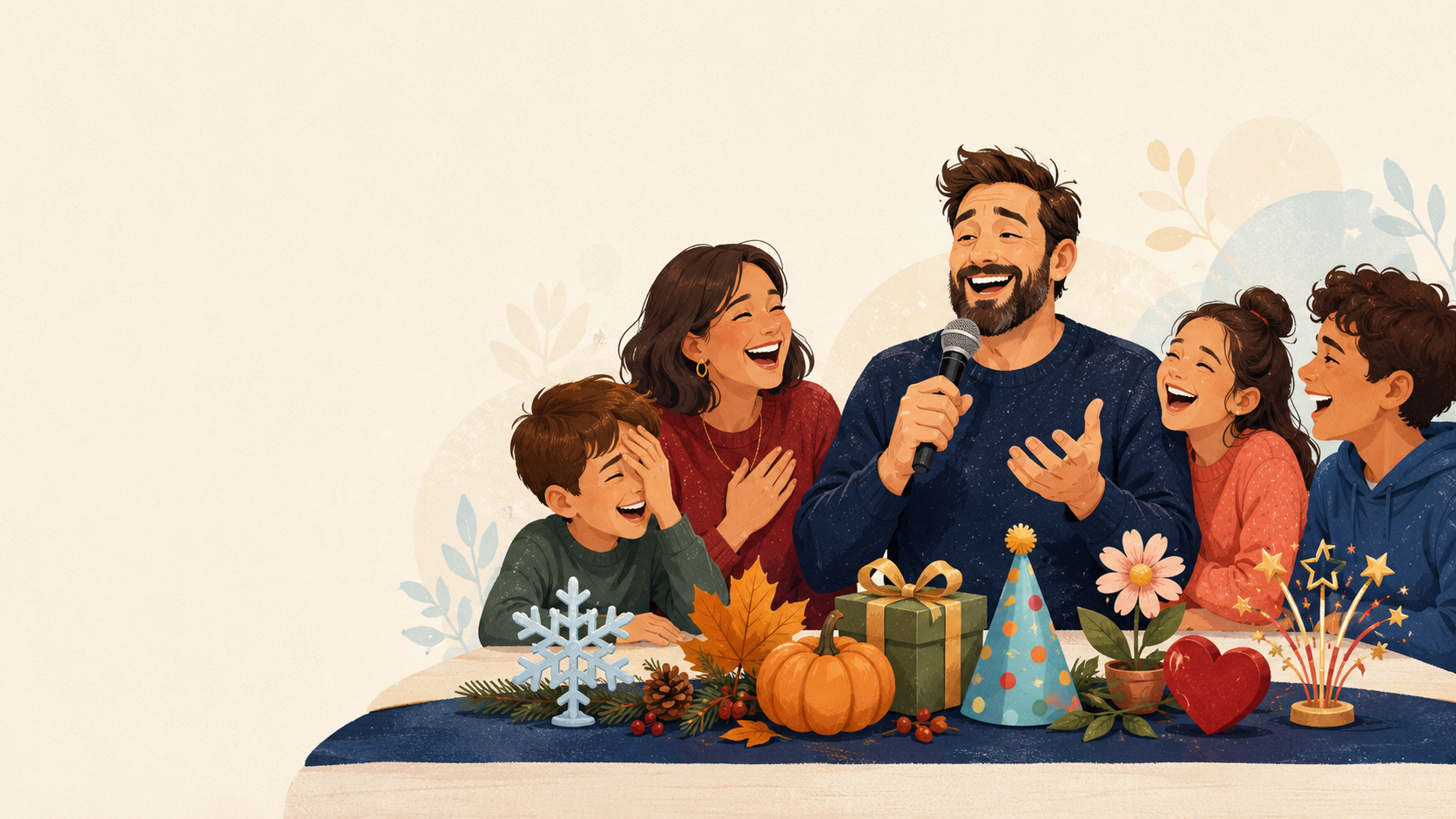 A dad sharing a holiday joke with his family beside decorations from celebrations throughout the year