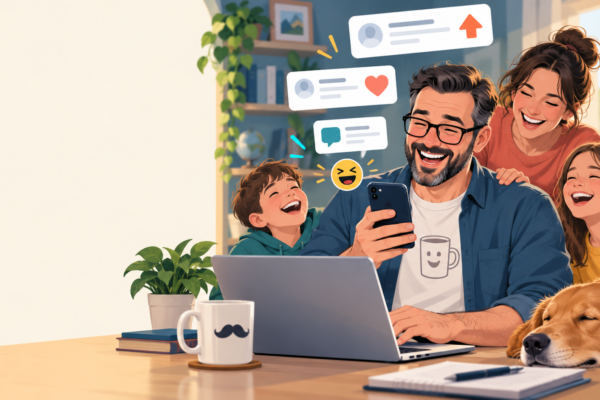 A family laughing as a dad shares an internet joke using a phone and laptop