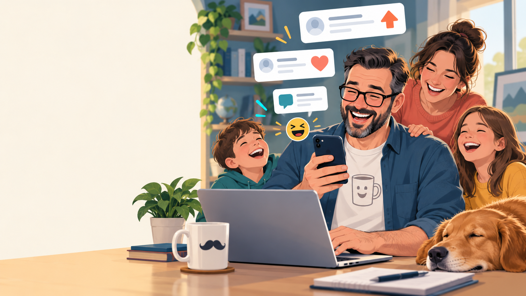 A family laughing as a dad shares an internet joke using a phone and laptop