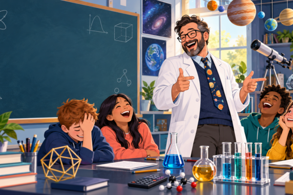 A dad teacher making students laugh with math and science jokes in a bright classroom lab