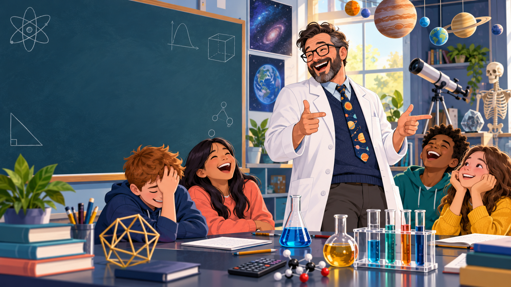 A dad teacher making students laugh with math and science jokes in a bright classroom lab