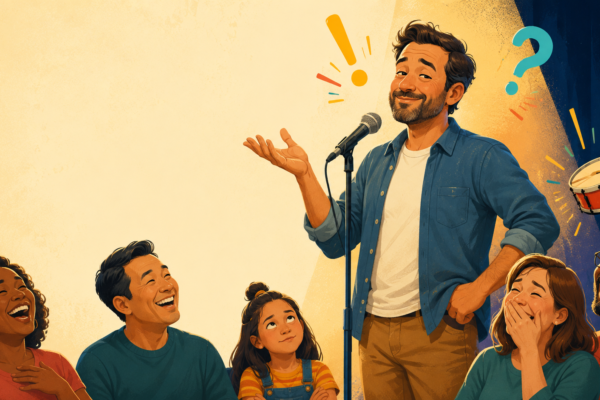 A dad delivering a short one-liner at a microphone while a family-friendly audience laughs and groans