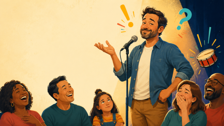 A dad delivering a short one-liner at a microphone while a family-friendly audience laughs and groans