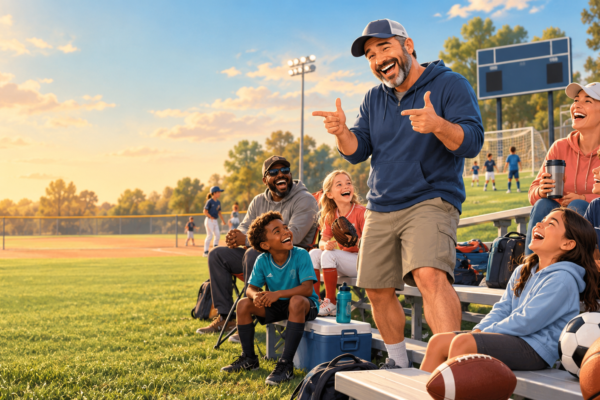 A dad making players and families laugh with sports jokes beside a community field