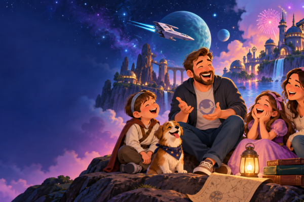 A family laughing at fandom dad jokes in an original space-adventure and storybook setting