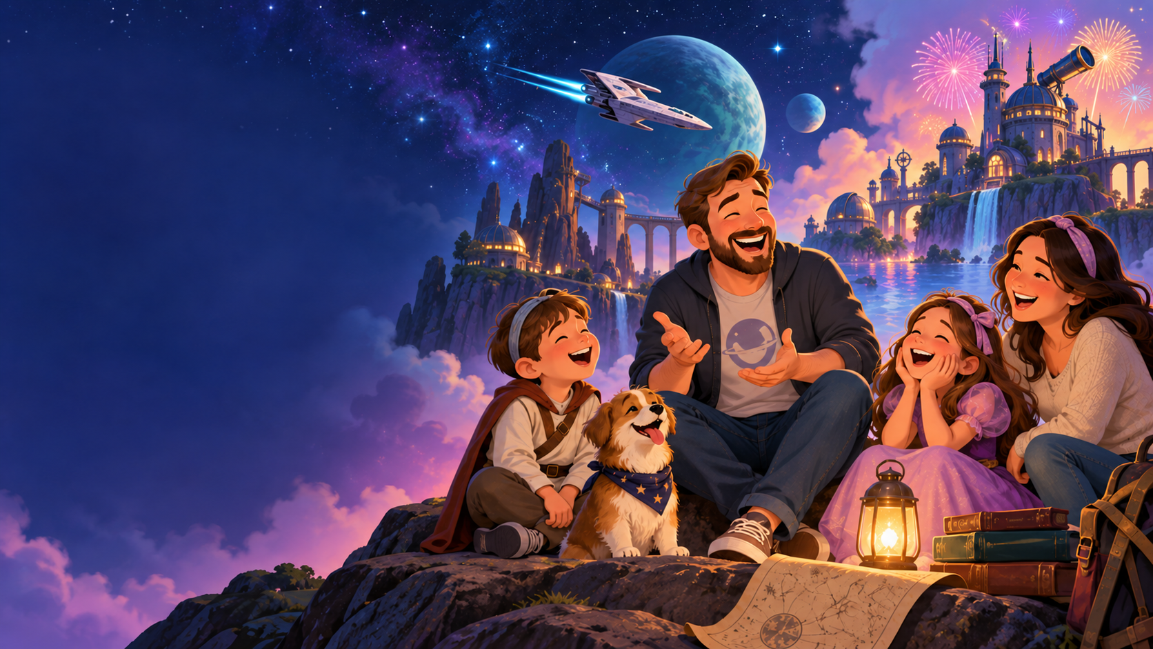 A family laughing at fandom dad jokes in an original space-adventure and storybook setting