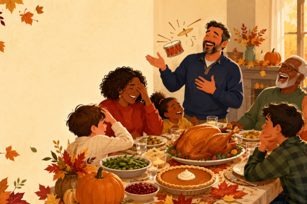 A dad sharing a Thanksgiving joke while a multigenerational family laughs around a festive dinner table