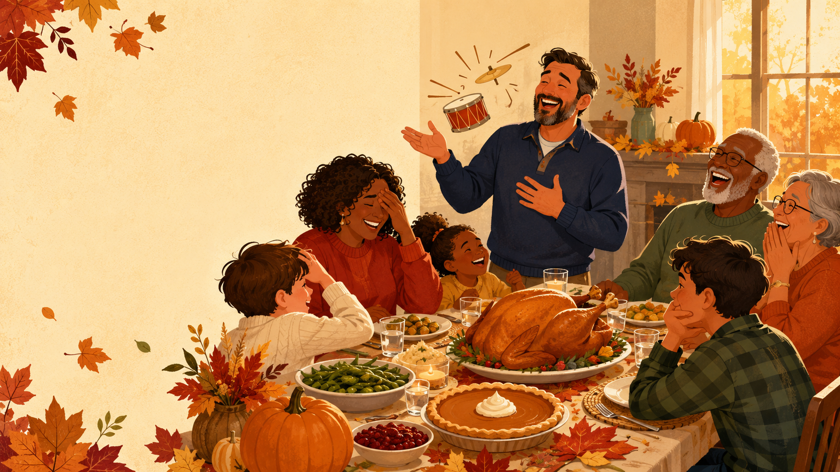 A dad sharing a Thanksgiving joke while a multigenerational family laughs around a festive dinner table