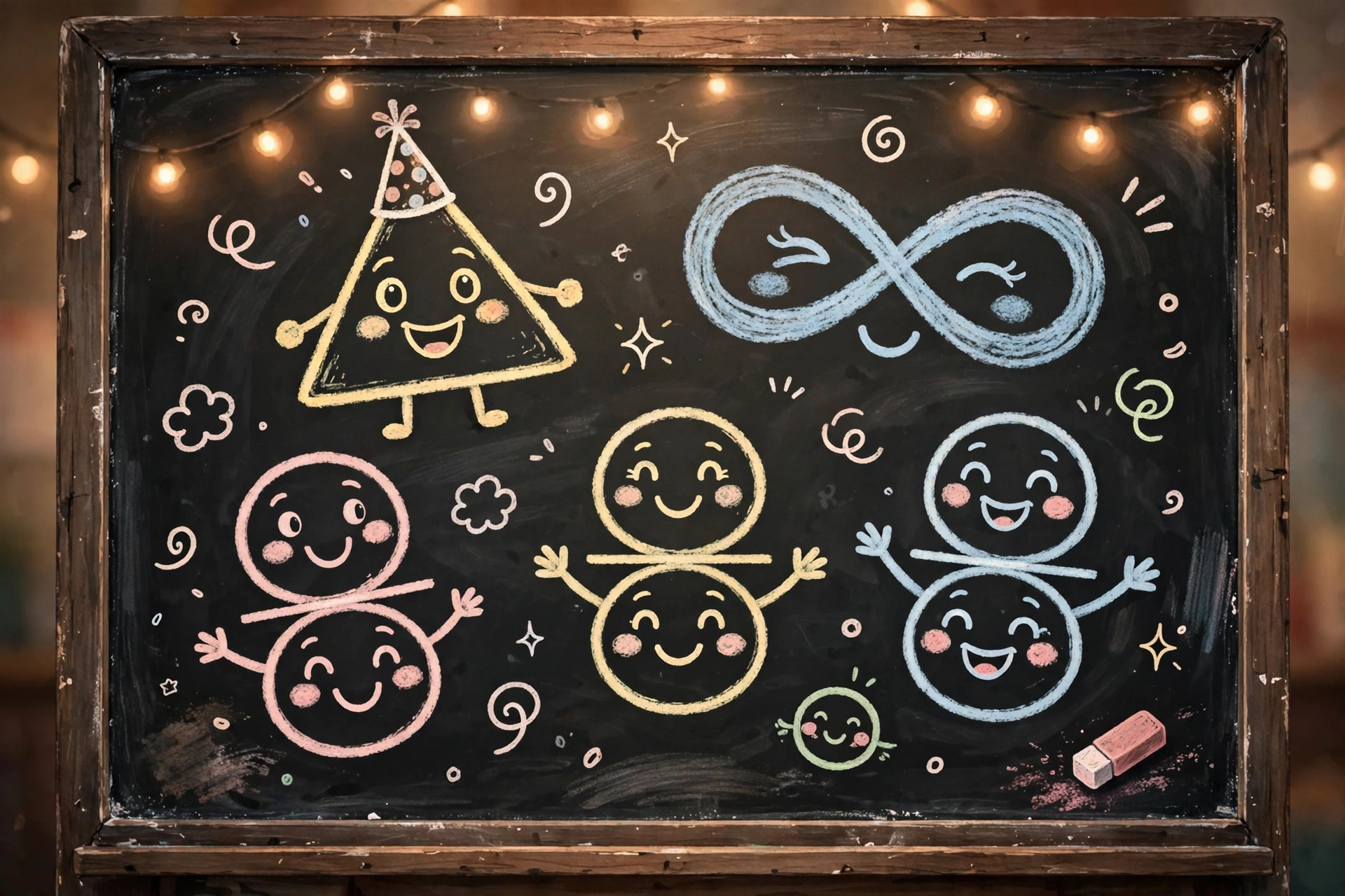 Chalkboard with silly cartoon math doodles